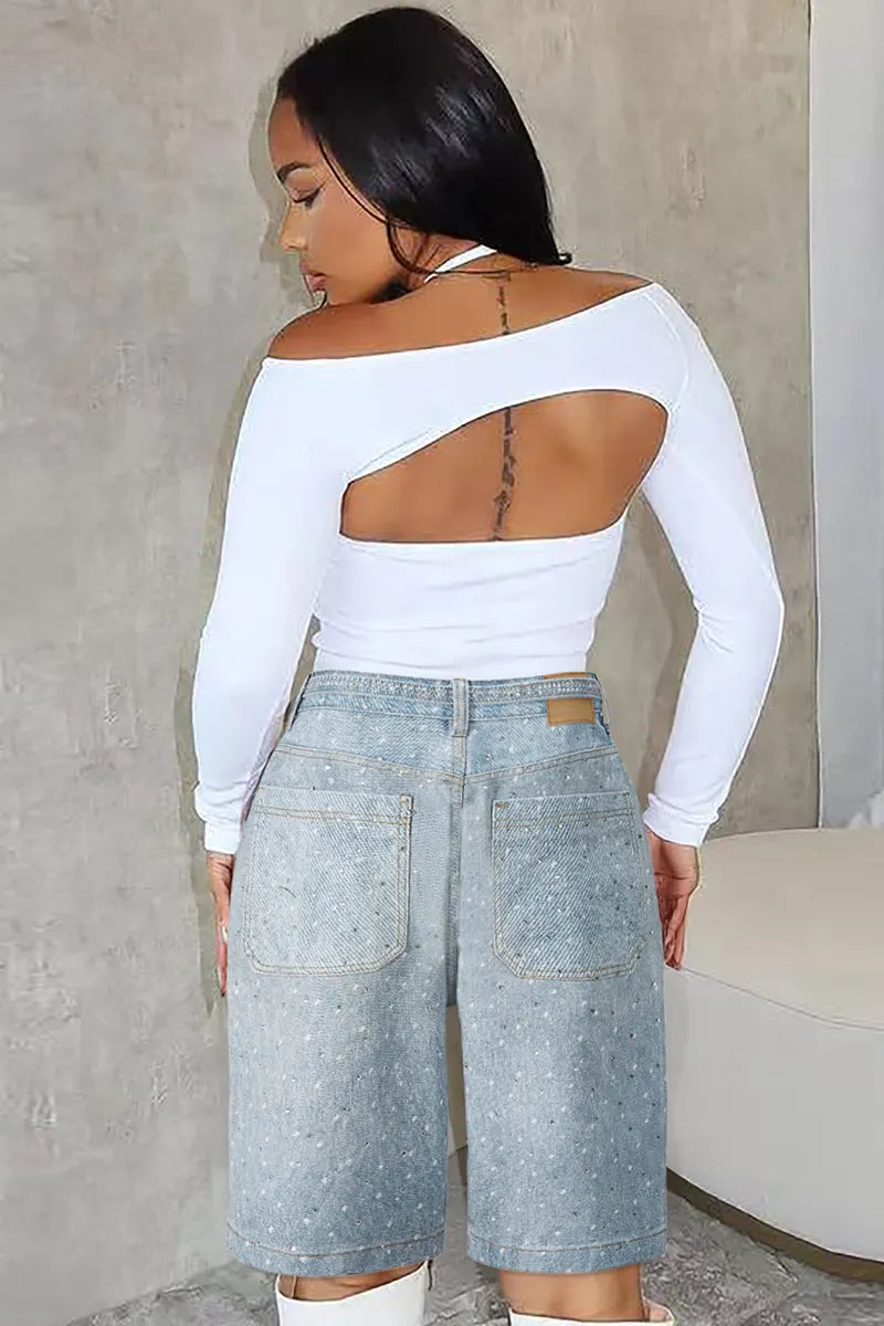 Women's Denim Shorts With Crystal Embellishments and Detachable Belt