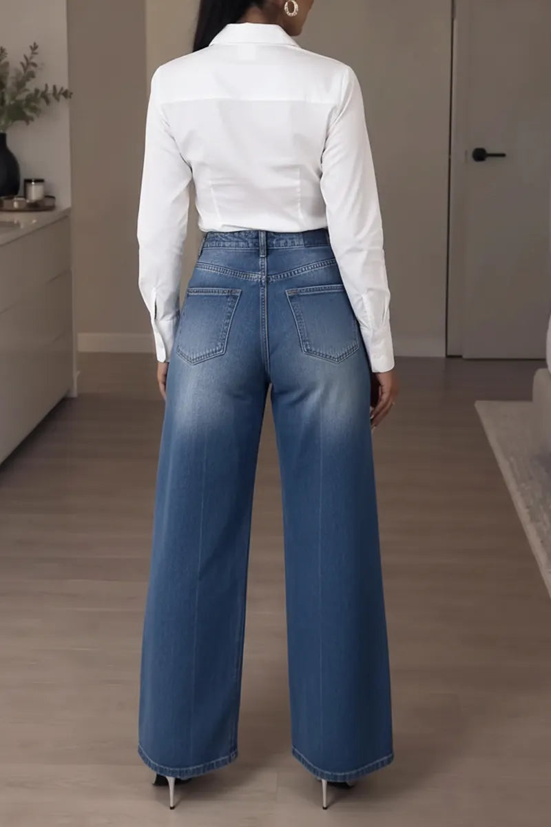 Women's High Waist Wide Leg Studded Detail Blue Denim Jeans