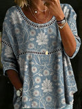 Women's Vintage Flower Casual Loose Denim Blouse Shirt