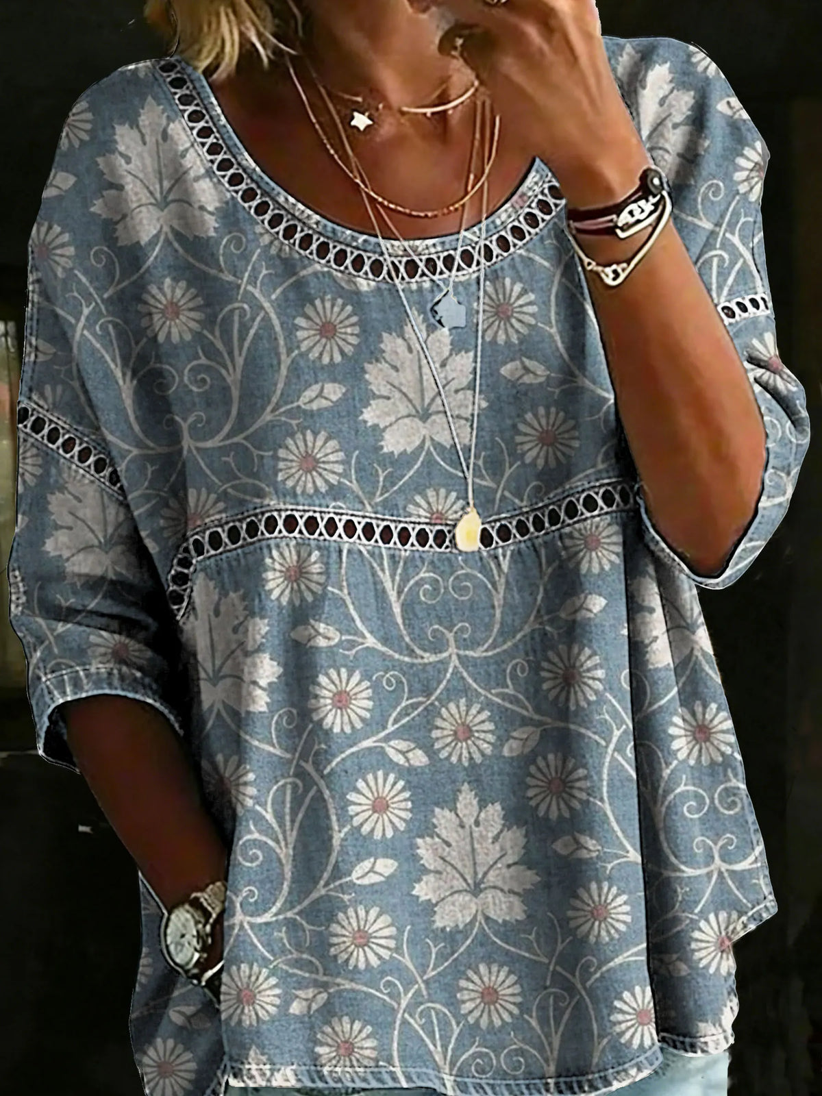 Women's Vintage Flower Casual Loose Denim Blouse Shirt