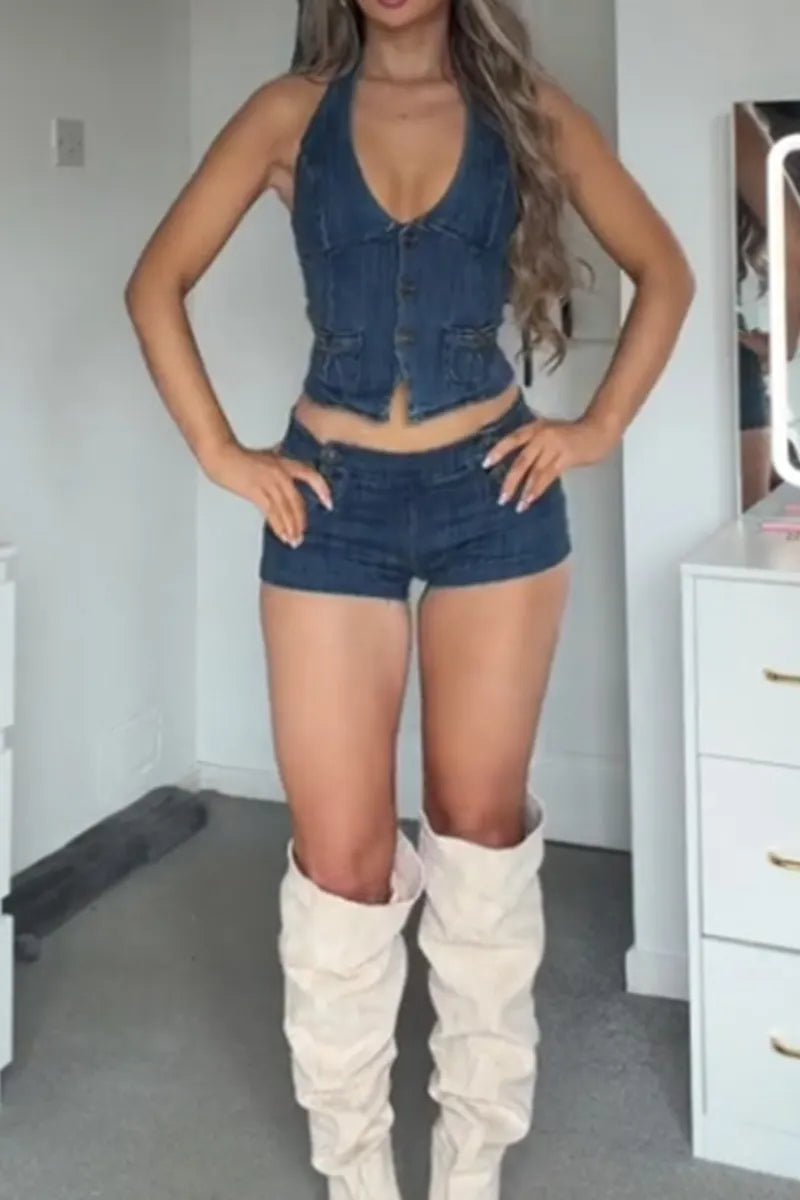Women's Sleeveless Multi Pocket Cropped Denim Vest Top Or Street Style Denim Shorts