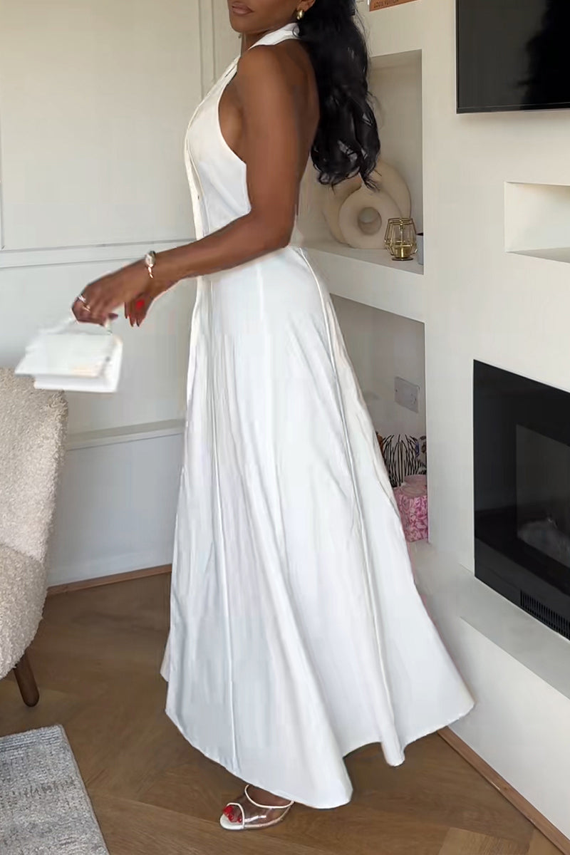 Women's Casual Lapel Backless Button Maxi Dress