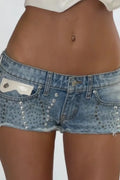 Women's Casual Beaded Cropped Denim Shorts