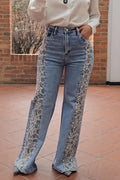 Women's Fashion Lace Patchwork Beads Decoration Wide Leg Jeans