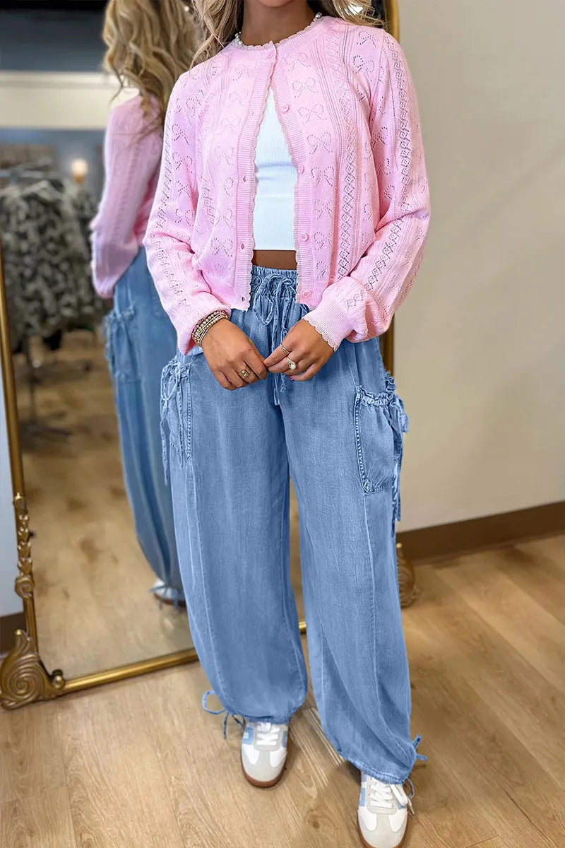 Ladies' Fashionable Casual Drawstring Elastic Waistband Pocket Loose Jeans