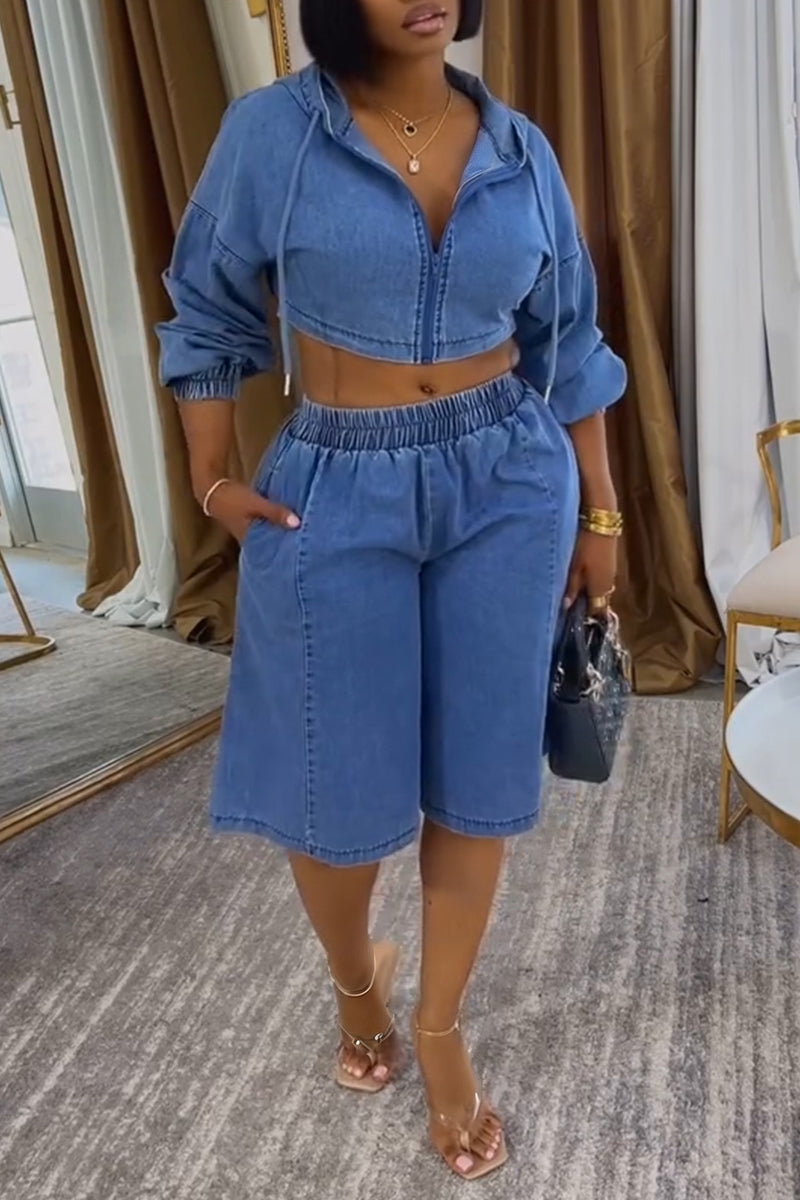 Women's Casual Denim Hooded Jacket or Short Jeans