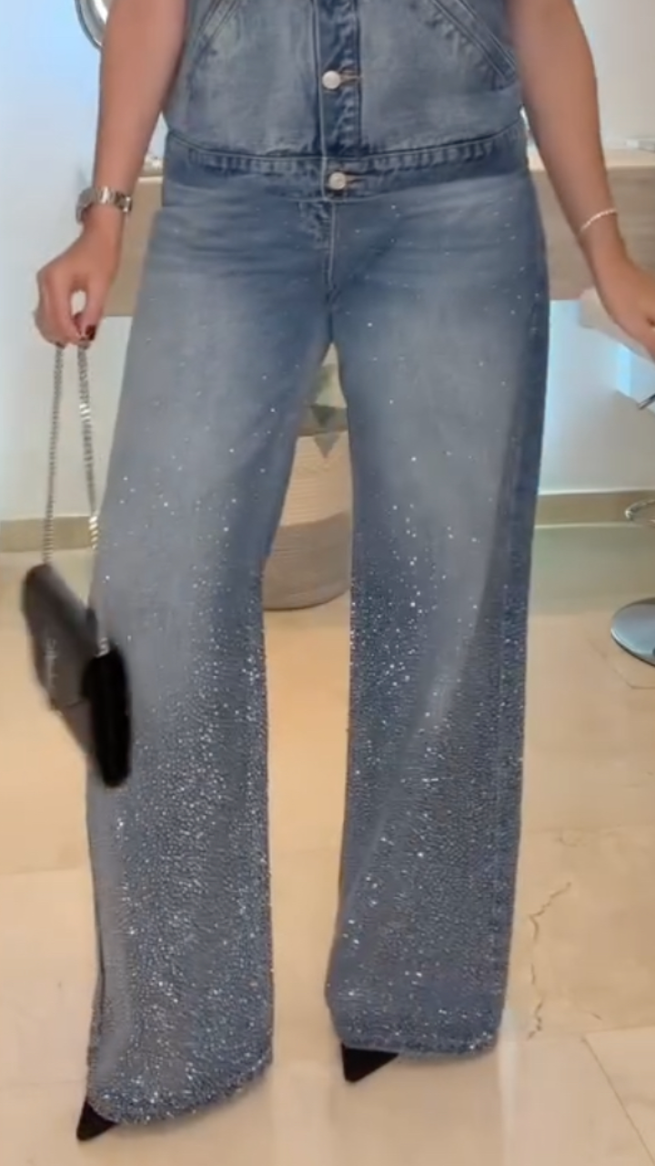 Women's Sleeveless Collared Denim Top + Rhinestone-studded Jeans
