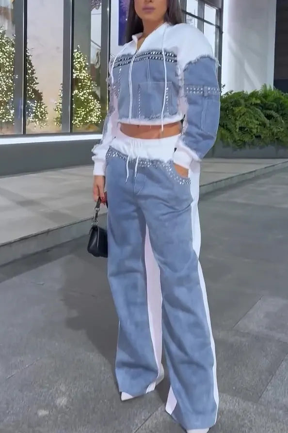Fashion Denim Panel Hooded Jacket + Hotfix Rhinestone Jeans