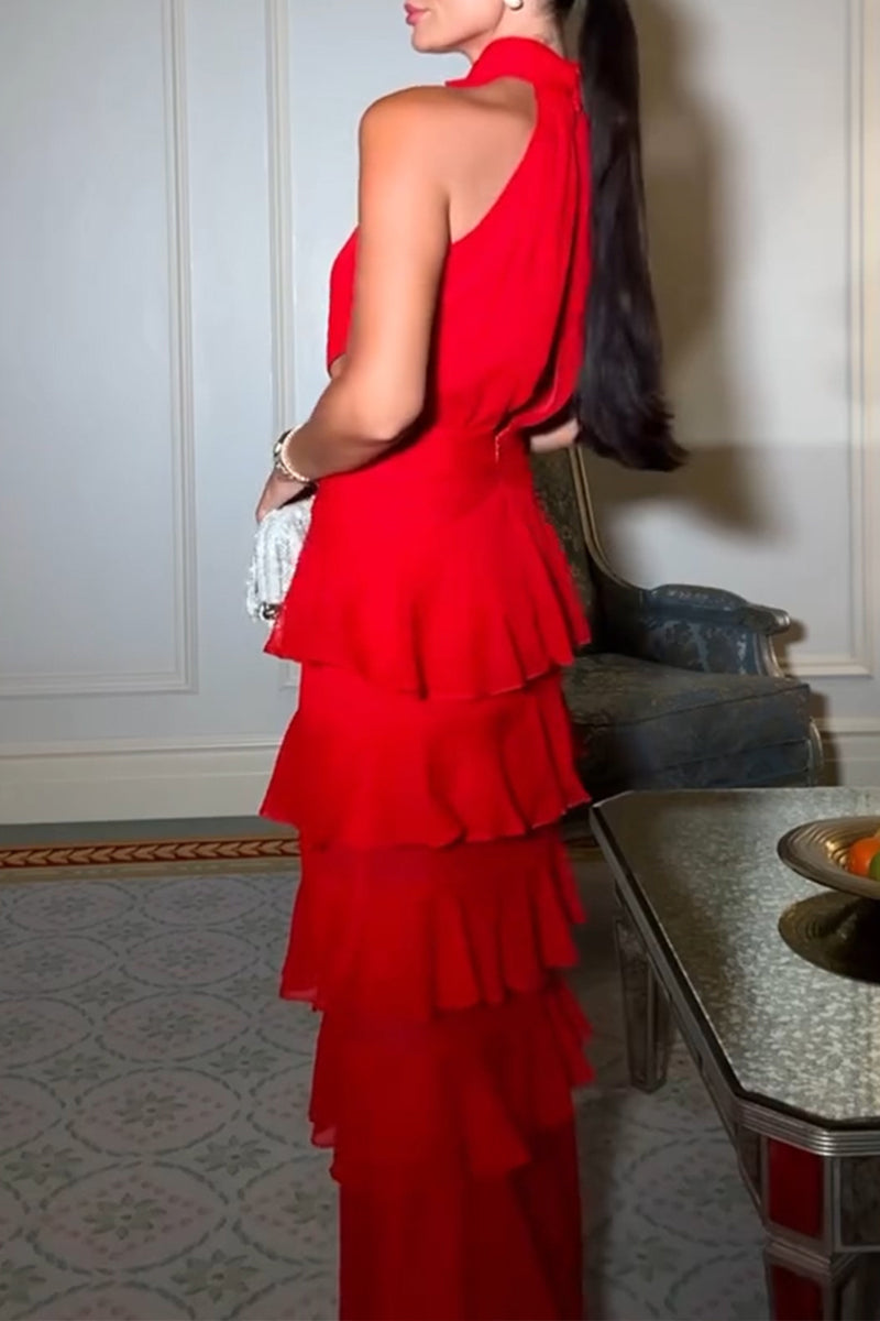 Women's Elegant Tiered Ruffle Hem Long Gown Dress
