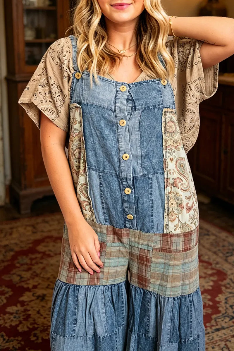 Women Spaghetti Strap Patchwork Patch Casual Denim Jumpsuit
