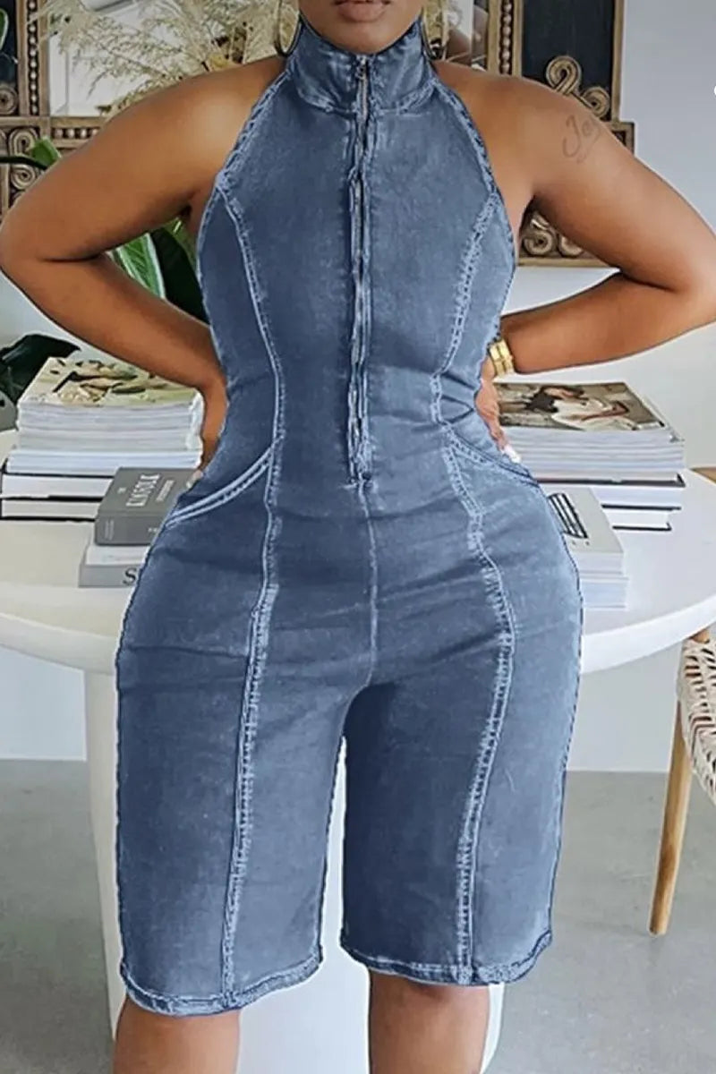 Hot Selling Women's Casual Zipper Denim Short Jumpsuit