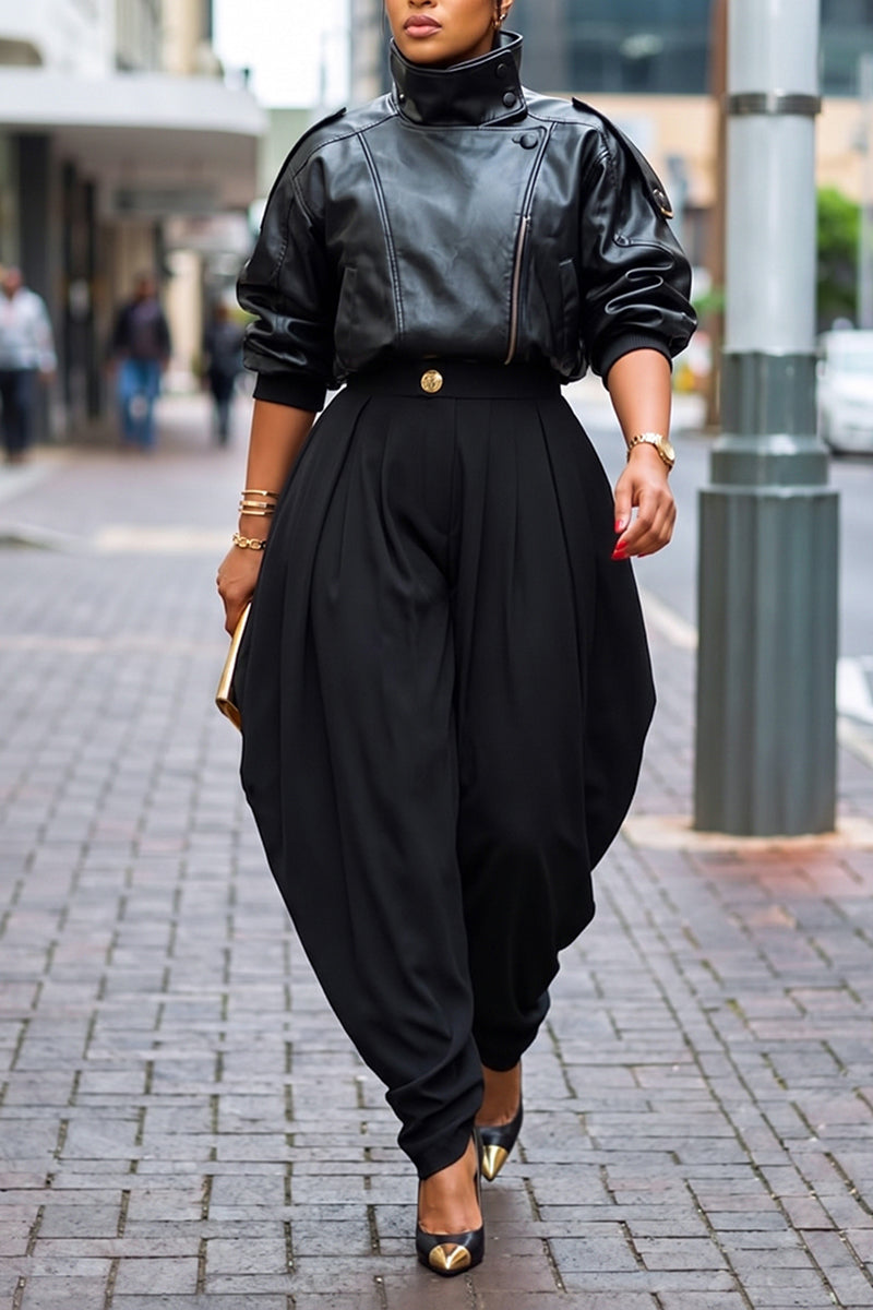 Women's Street Fashion Short Leather Jacket or Pleated Curved Pants