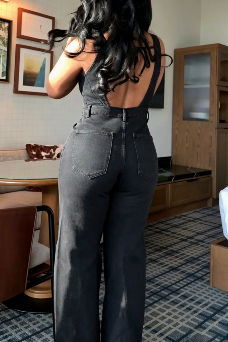 Women's U-neck Patchwork Waist Cinched Casual Denim Jumpsuit