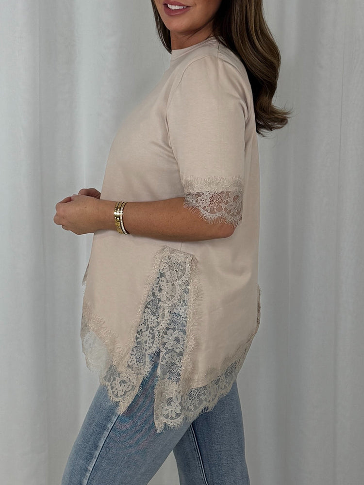 Women Round Neck Patchwork Lace Irregular Casual Top
