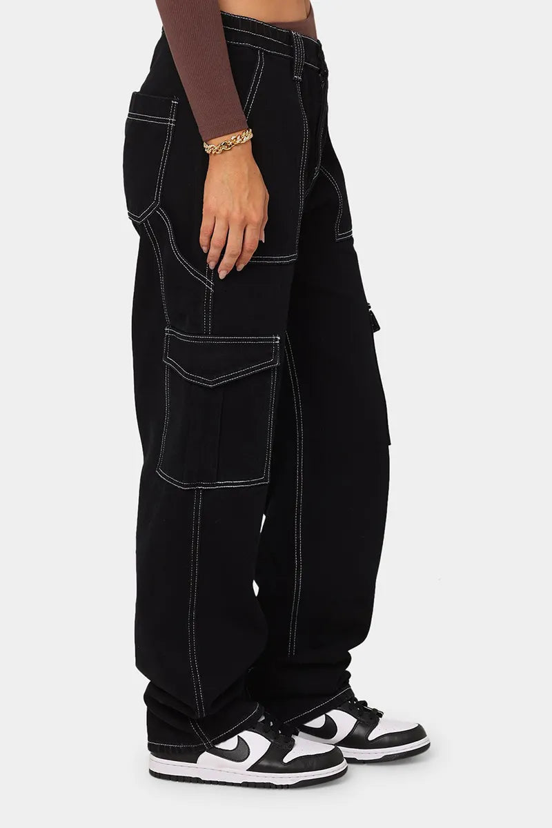 Women's Elastic Waist Wide-Leg Cargo Jeans With Multiple Pockets