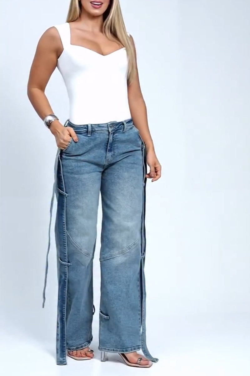Women's Casual Side Streamer Trim Wide Leg Jeans