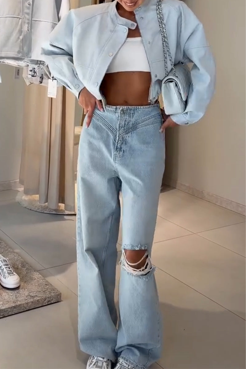 Women's Casual Round Neck Jacket or Patchwork Ripped Jeans