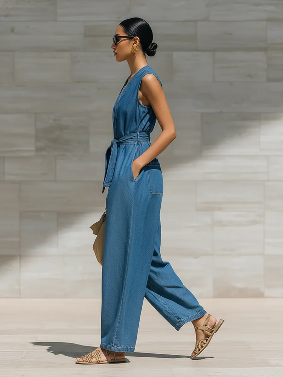 Casual Loose-fit Belted Denim Jumpsuit