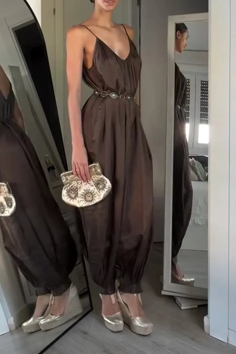 Women's Casual Wide Leg Data Loose Strappy Jumpsuit