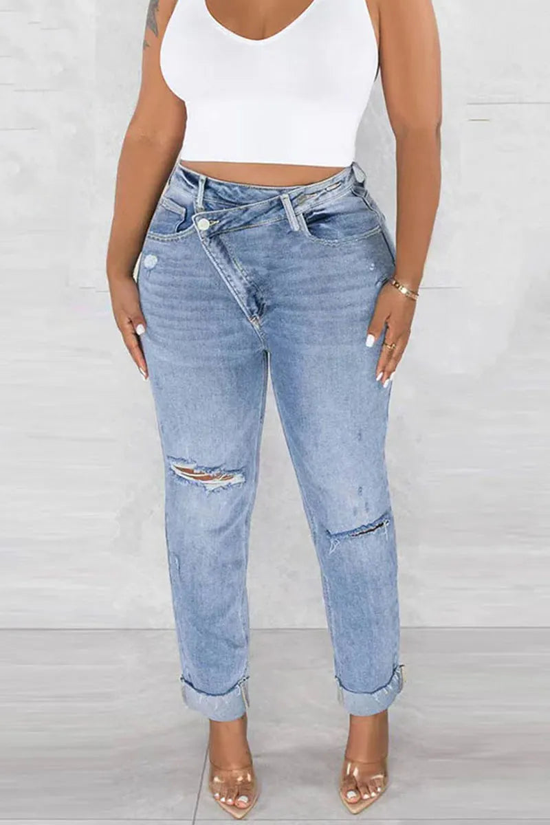 Women's Crossover Waist Ripped Straight Leg Jeans