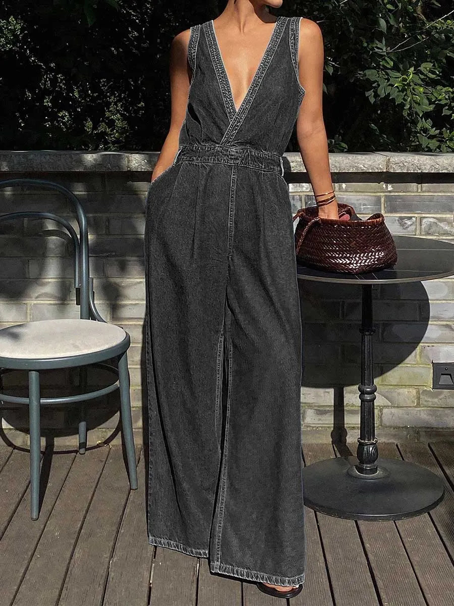 Women's V-neck Sleeveless Casual Loose Denim Wide-leg Jumpsuit