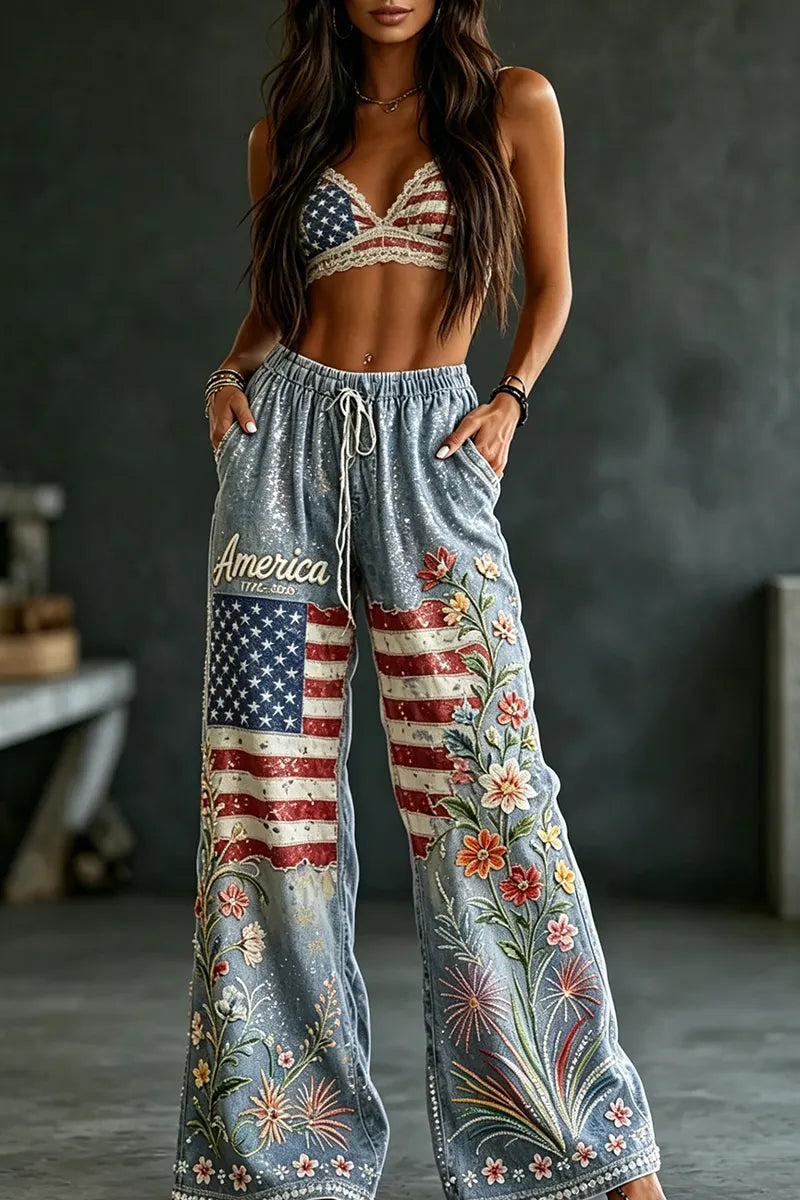 Women's Casual Embroidered Pattern Print Rhinestone Jeans