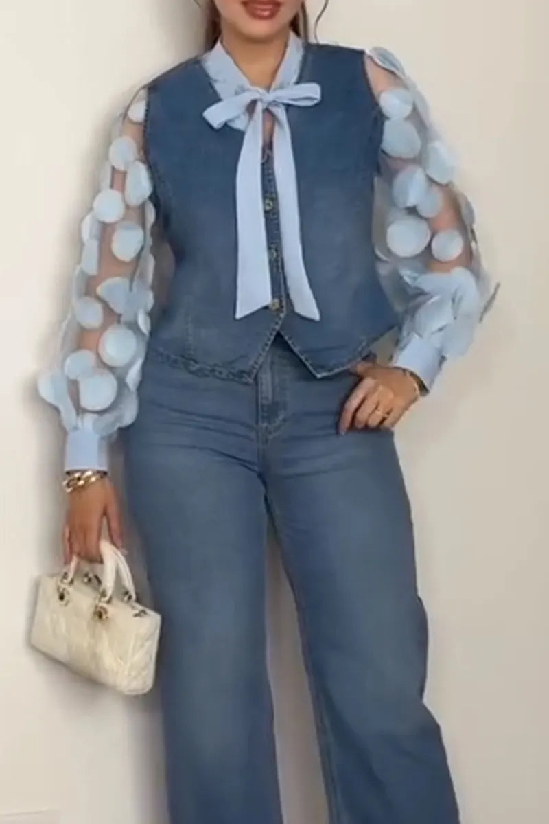 Women Round Neck Circular See Through Top or Denim Vest or Denim Pants