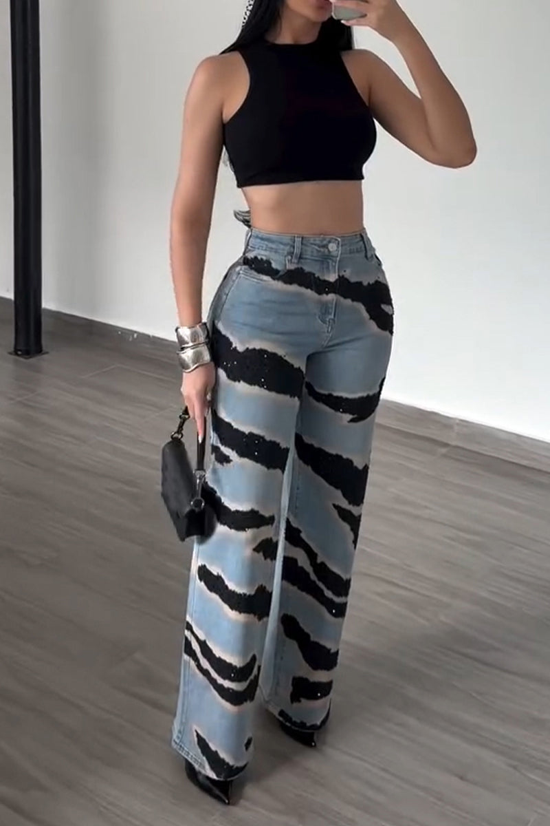 Women's Fashion Pattern Rhinestone Decoration Wide Leg Jeans