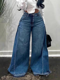 Casual Side Pleated Raw Trim Wide Leg Jeans