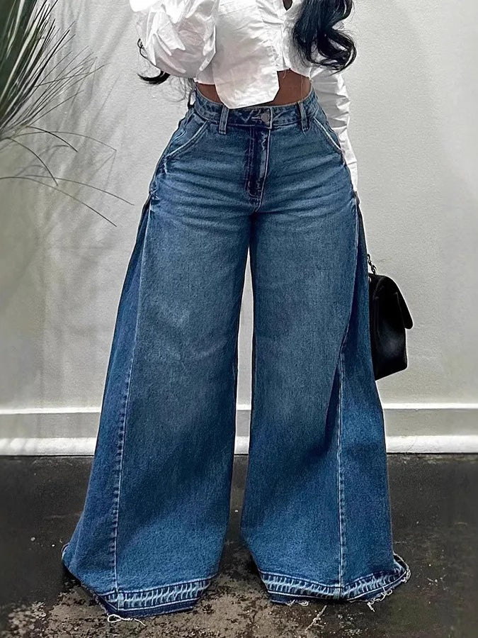 Casual Side Pleated Raw Trim Wide Leg Jeans