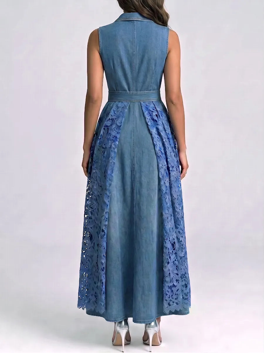 Women's Casual Loose Denim And Lace Patchwork Dress With Lapel Collar And Sleeveless Design