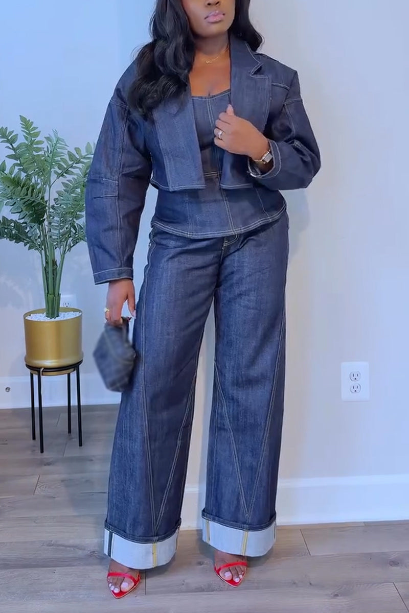 Women's Temperament Casual Strapless Denim Patchwork Top or Wide Leg Jeans or Lapel Denim Jacket