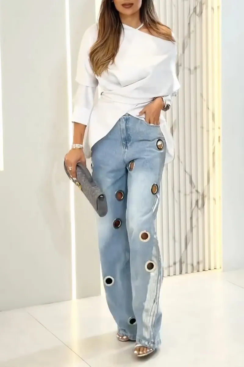 Women's Fashion Metal Cutout Wide Leg Jeans