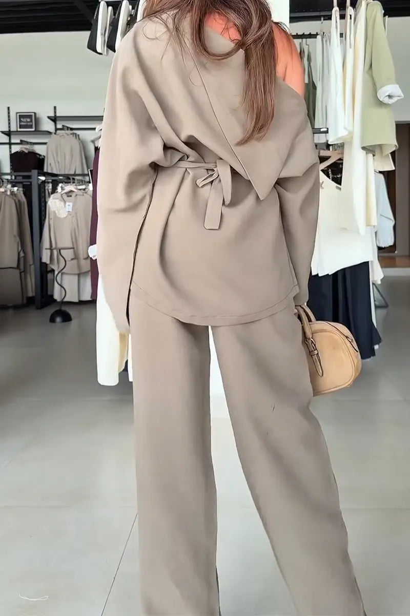 Women's Collar and Waist Cinched Top+ Pants Casual Outfit with Temperament