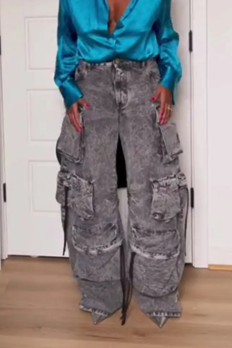 Women's Multi Pocket Cargo Wide Leg Jeans