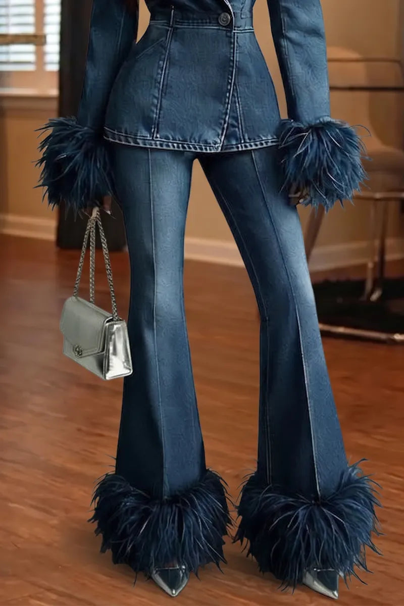 Women's Elegant Lapel Waist Cinching Feather Hem Decoration Denim Blazer or Jeans