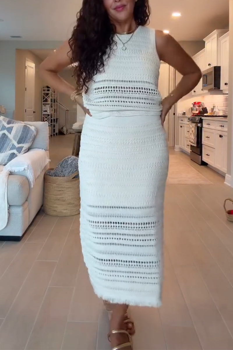 Women's Round Neck Sleeveless Hollow Top+ Half Skirt Elegant Casual Set