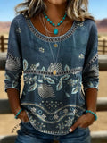 Women's Vintage Floral Print Casual Hollow Denim Shirt