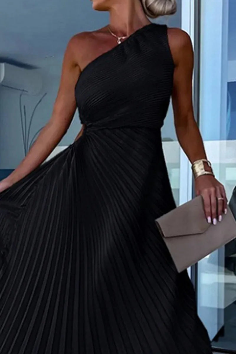 Women Sleeveless One Side Cut Out Waist Pleated Midi Dress Elegant High Low Pleat Evening Dress