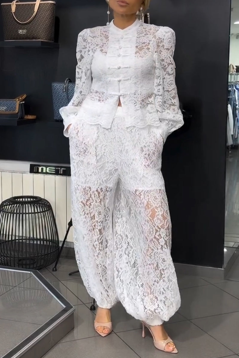 Women's Elegant Button Decoration Lace Shirt or Pants