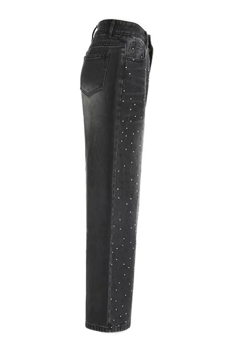 Vintage Hotfix Rhinestone Distressed Low Rise Wide Leg Jeans