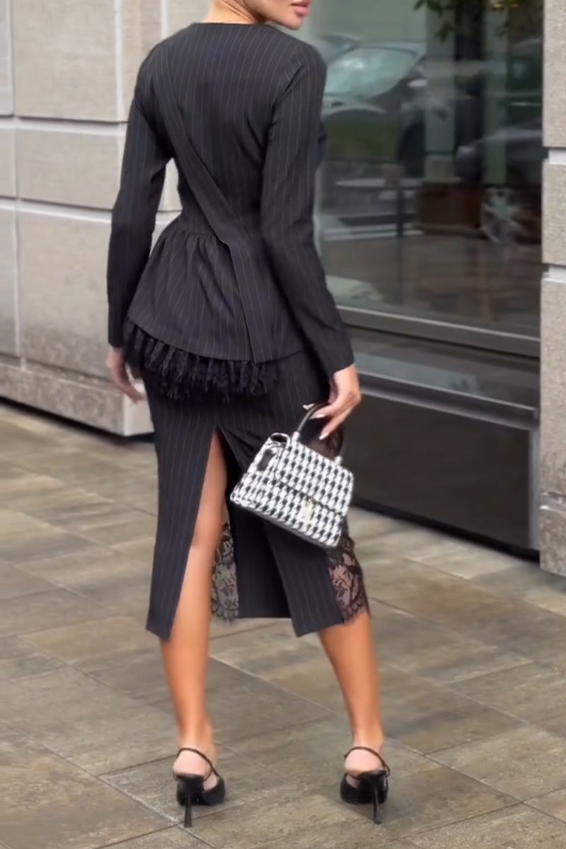 Women's Round Neck Vertical Pattern Spliced Lace Pattern Top or Spliced Lace Half Skirt