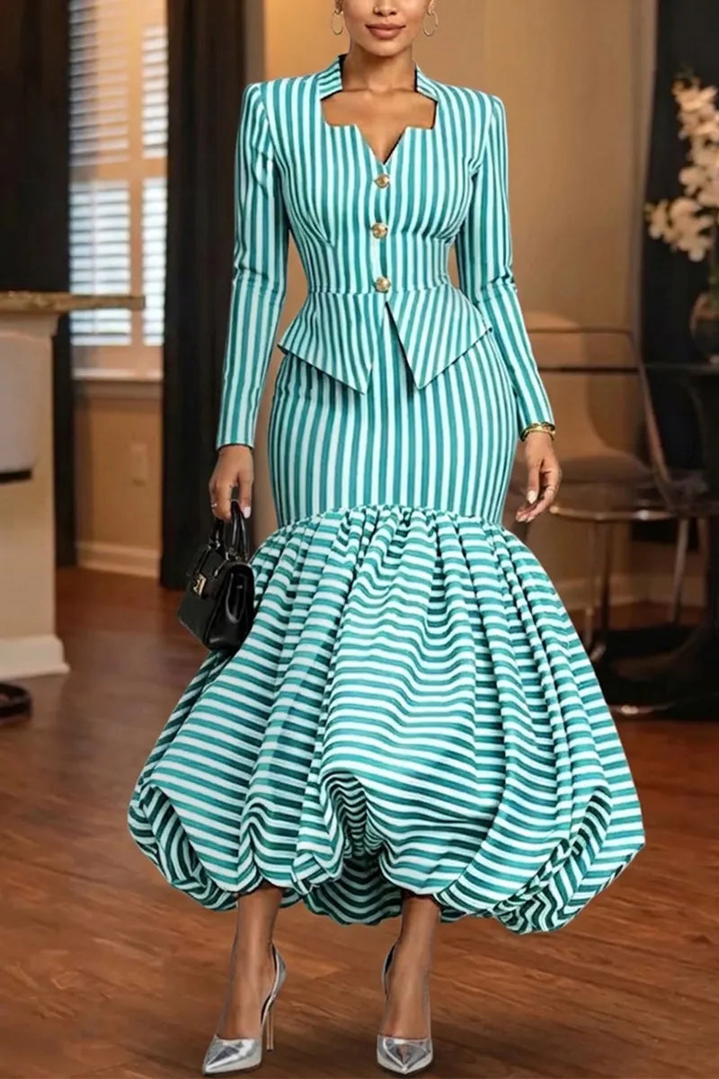 Women's Elegant Slim Stripe Shirt or Balloon Hem Skirt