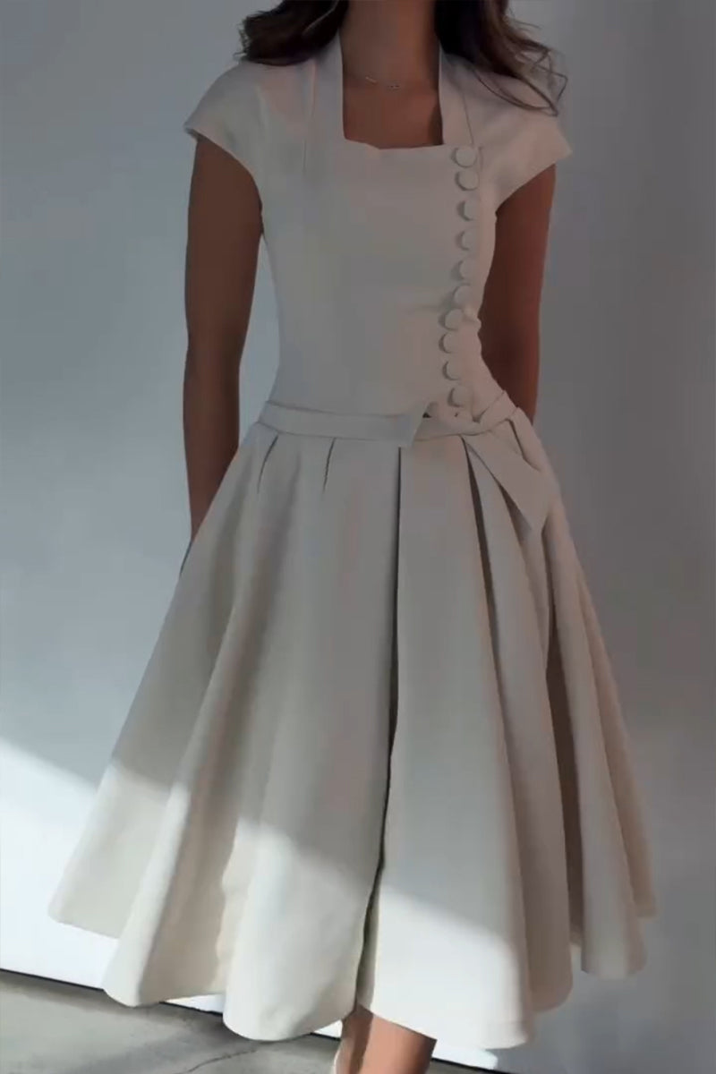 Women's Elegant Button Waist Cinching Pleated Hem Midi Dress