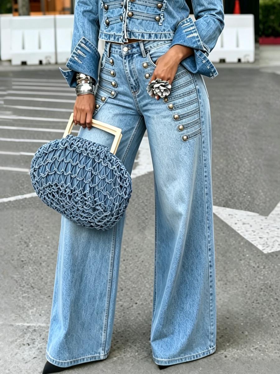 Women's Standing Collar Long Sleeved Short Denim Jacket or Washed Wide Leg Jeans