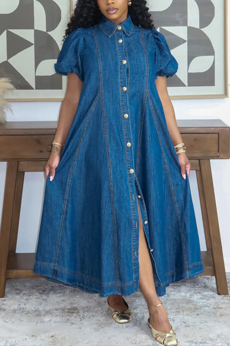 Women's Casual Lapel Puff Sleeve Loose Denim Maxi Dress