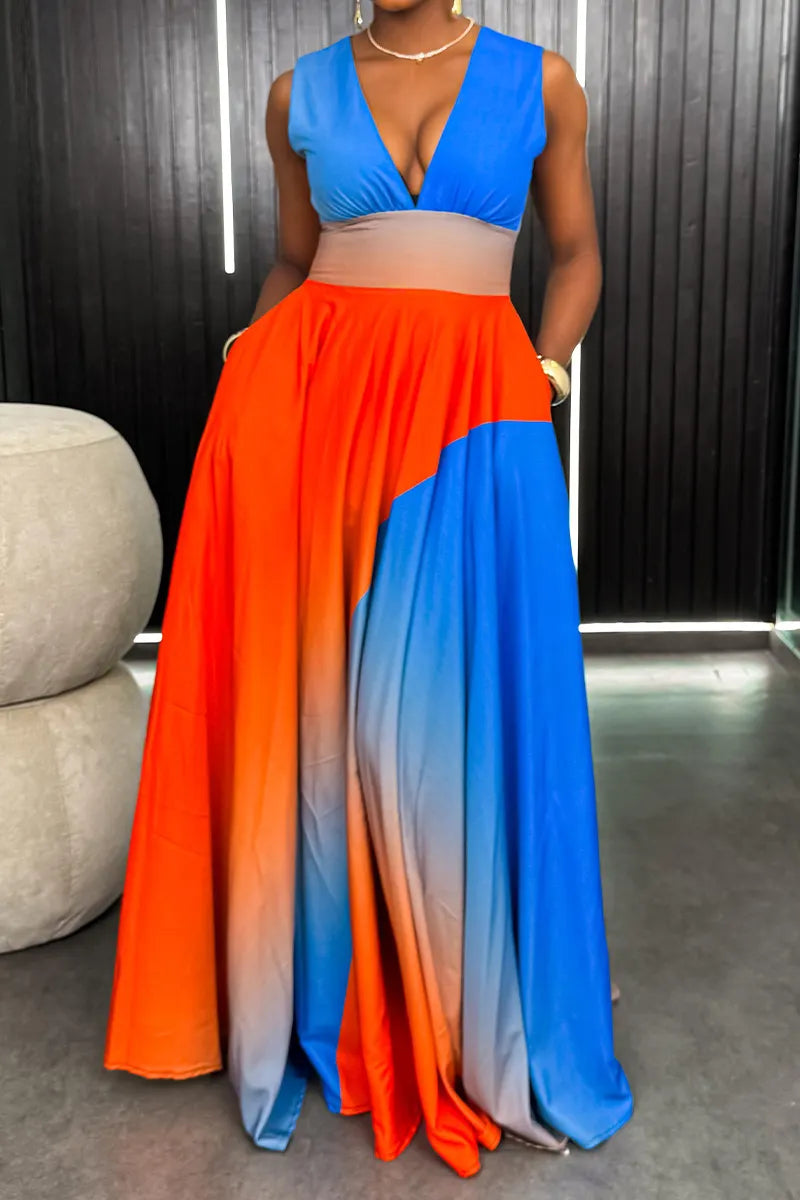 Women Contrast Gradient Color Deep V Sling Waist Cutout High Slit Maxi Dress