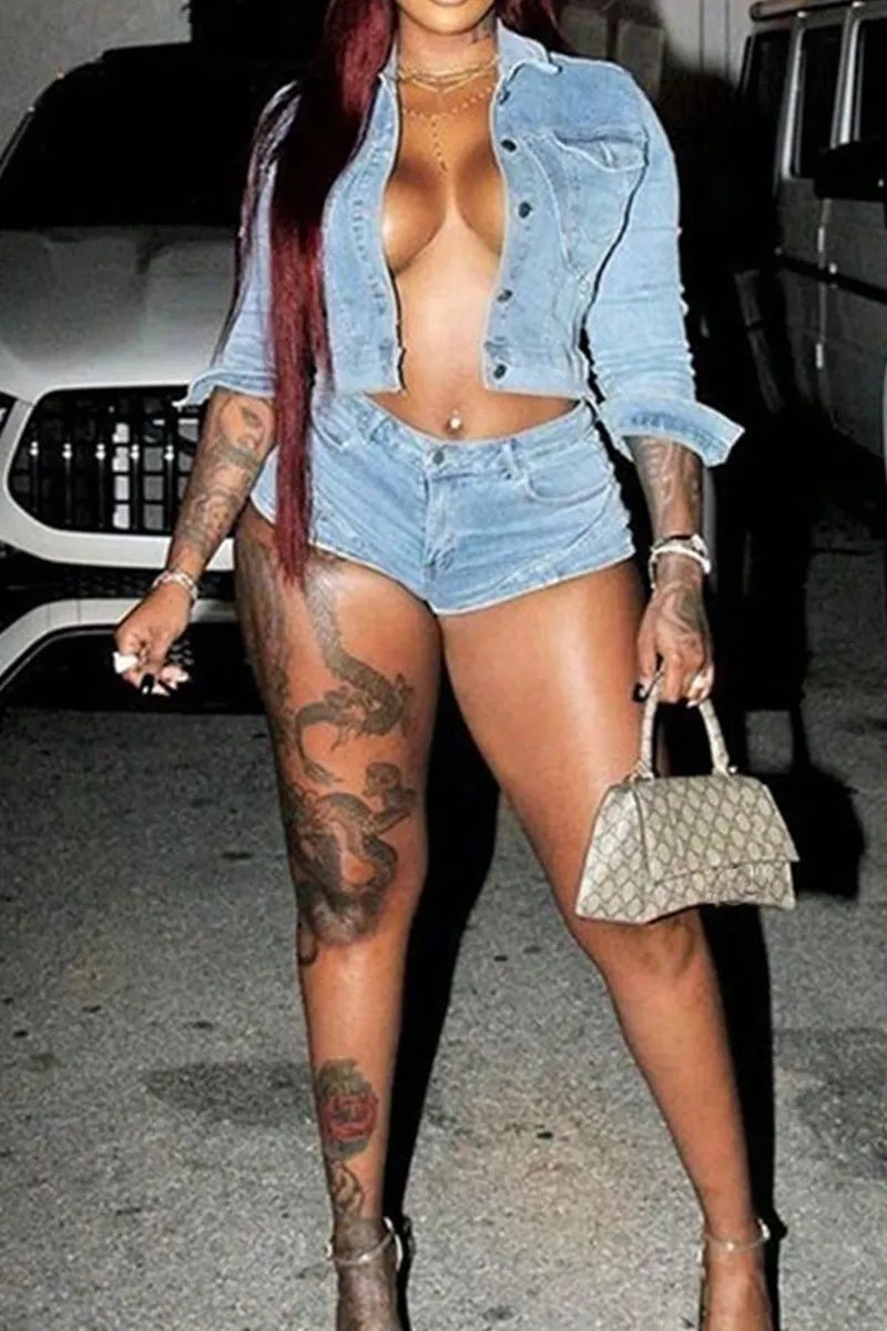 Women's Casual Long Sleeve Denim Jacket Or Casual Short Denim Shorts
