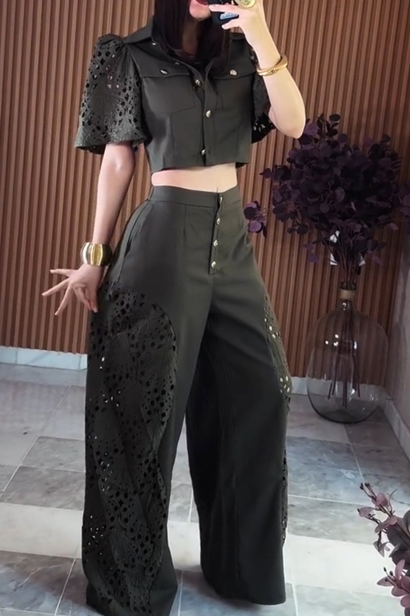 Women's Casual Pattern Cut-Out Sleeve Top or Cut-Out Patchwork Wide Leg Pants
