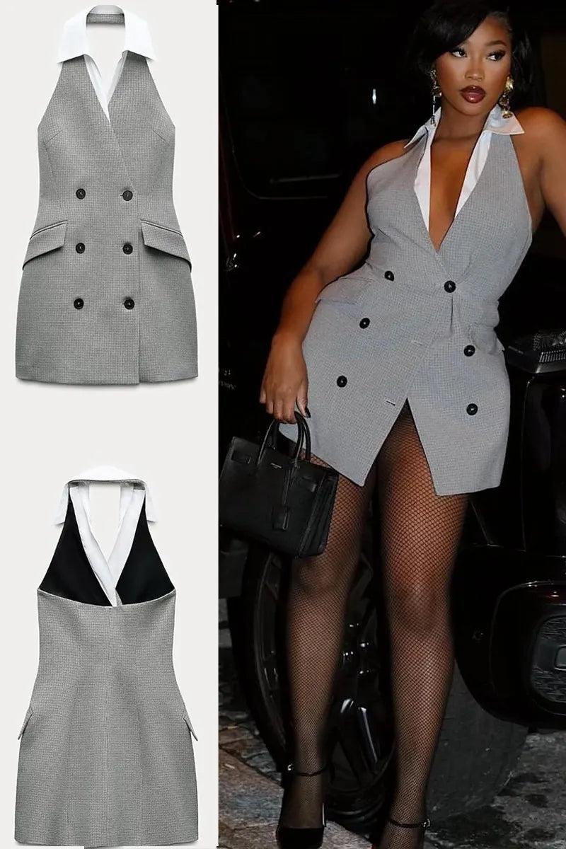 Women White Contrast Collar Halter Double Breasted Plaid Blazer Mini Dress